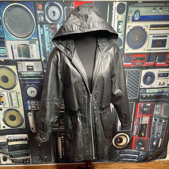 BLUELINE & COMPANY Vintage Black Leather Short Trench Jacket Hooded Women Small - Picture 1 of 16